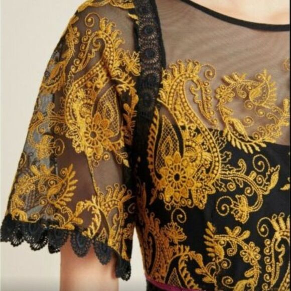 Anthropologie Jacguin Embroidered Elegant Black Gold Lace Midi Dress Size 2 - Picture 12 of 13